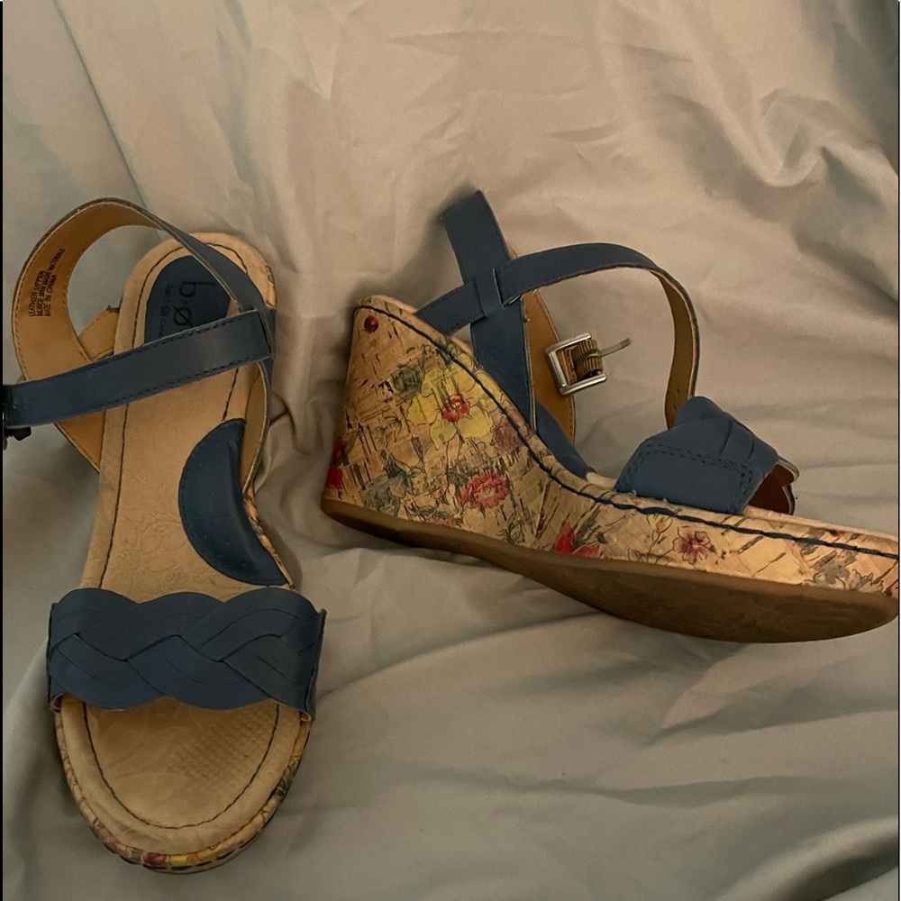 Blue BOC wedges with floral print on heel.